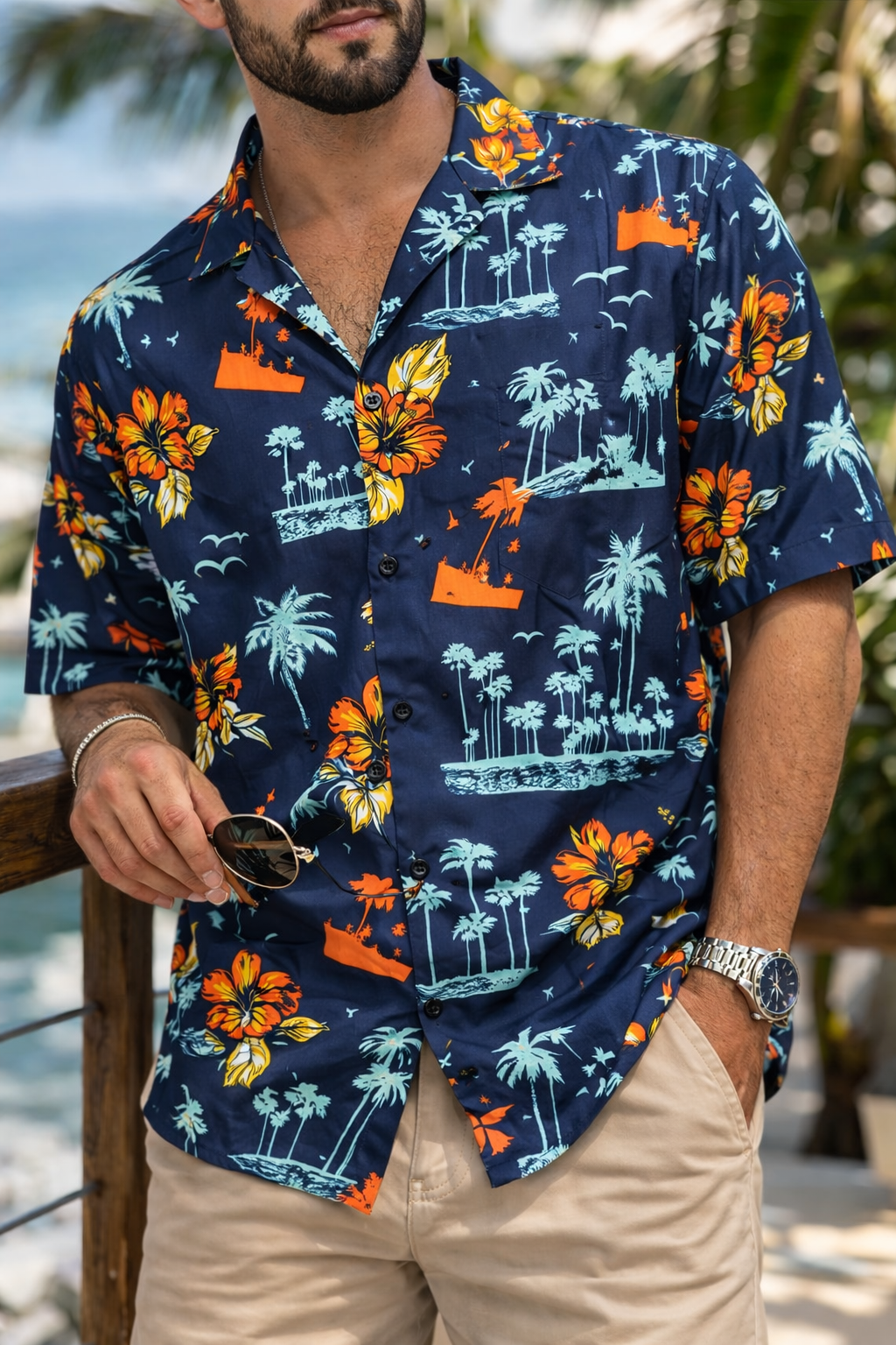 Camisa Manga Corta Azul Palmeras y Flores OVERSIZE