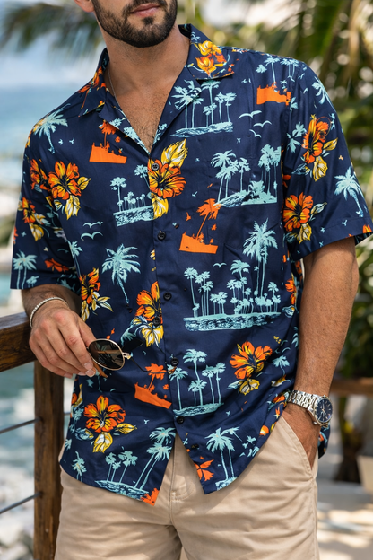 Camisa Manga Corta Azul Palmeras y Flores OVERSIZE