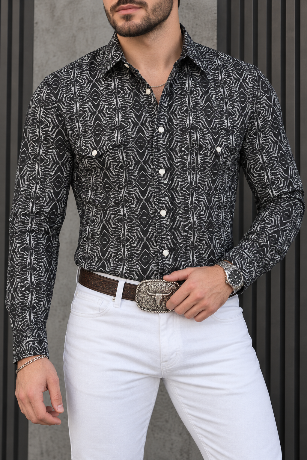 Camisa Vaquera Con Bolsas Negra Trazos Blancos