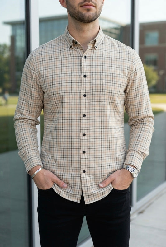Camisa Manga Larga Cuadros Beige Líneas Bicolor