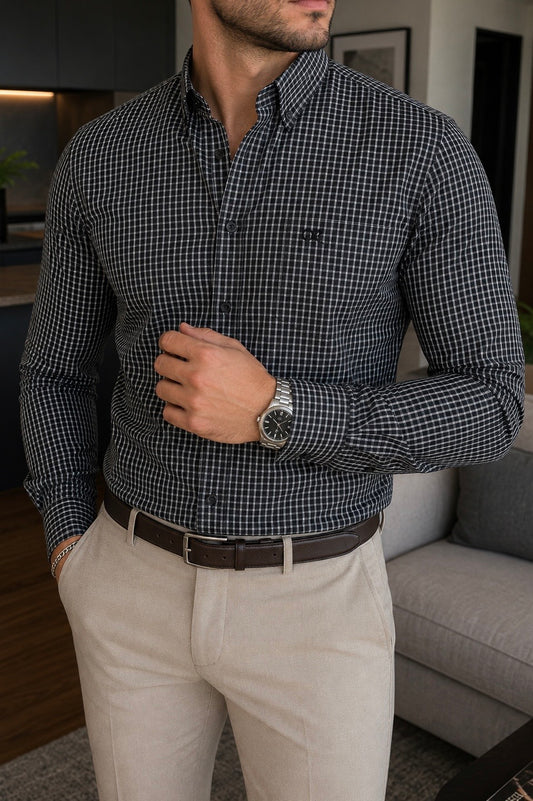 CAMISA DE VESTIR MINI CUADROS NEGROS