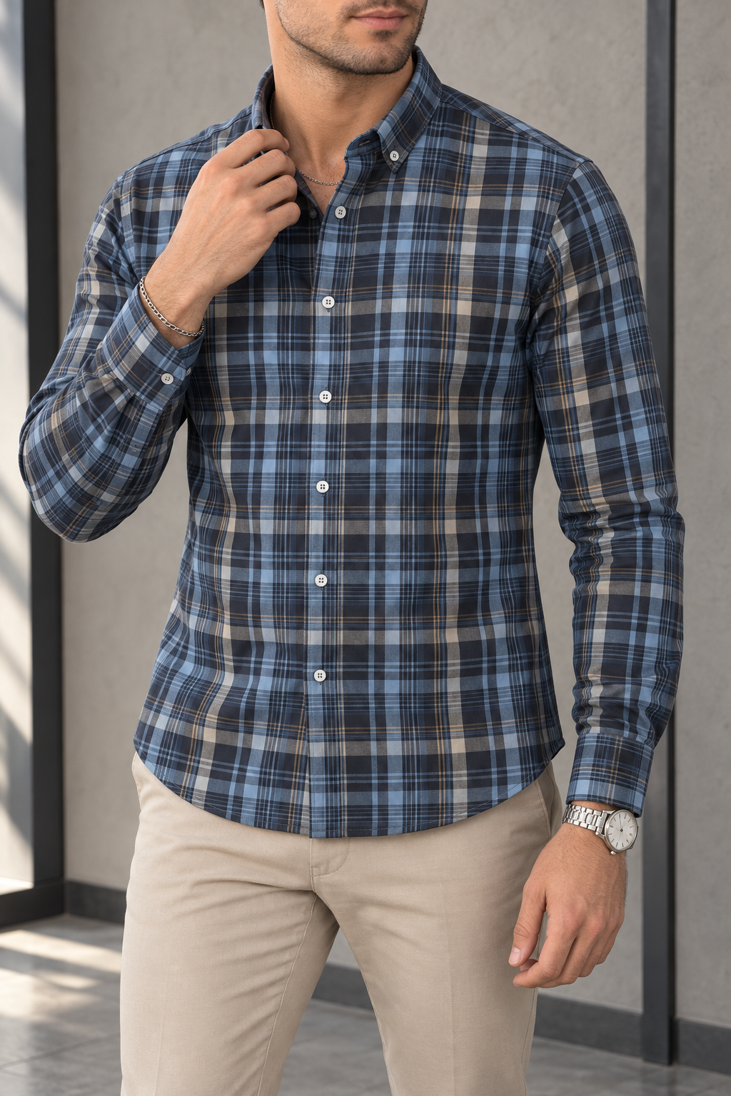Camisa Manga Larga Cuadros Azules Rayas Beige