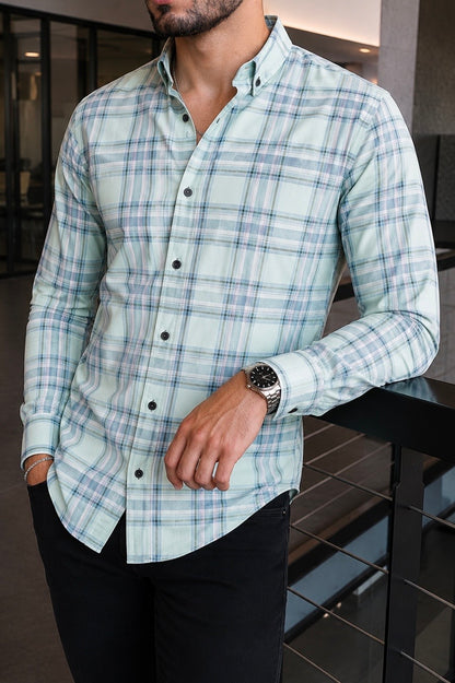 Camisa Manga Larga Verde Cuadros/Franjas Azules