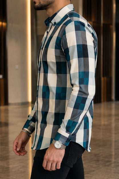 Camisa Manga Larga Beige Cuadros Azul/Negro
