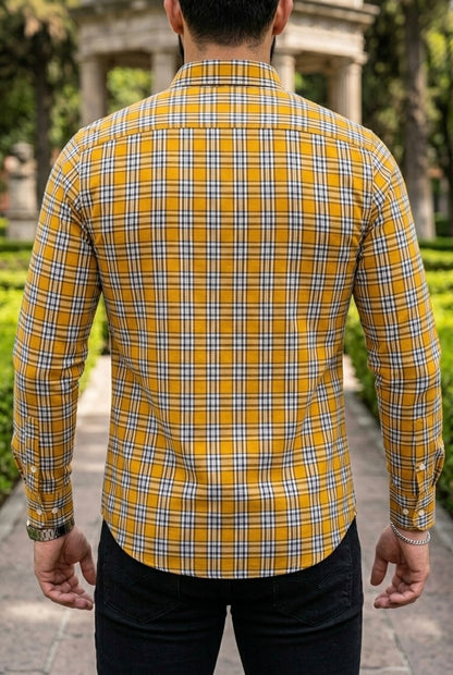 Camisa Manga Larga Con Bolsa Cuadros Amarillos y Blancos