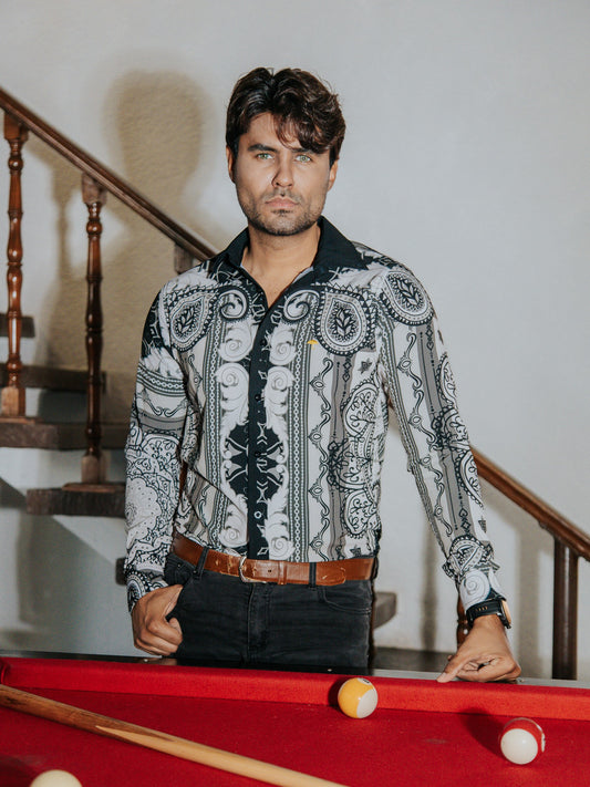 CAMISA HOMBRE SLIM FIT, FLORES BLANCAS Y GRIS