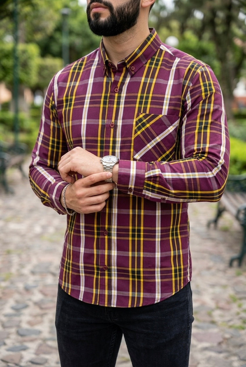 Camisa Manga Larga Con Bolsa Vino Rayas Amarillas y Blancas