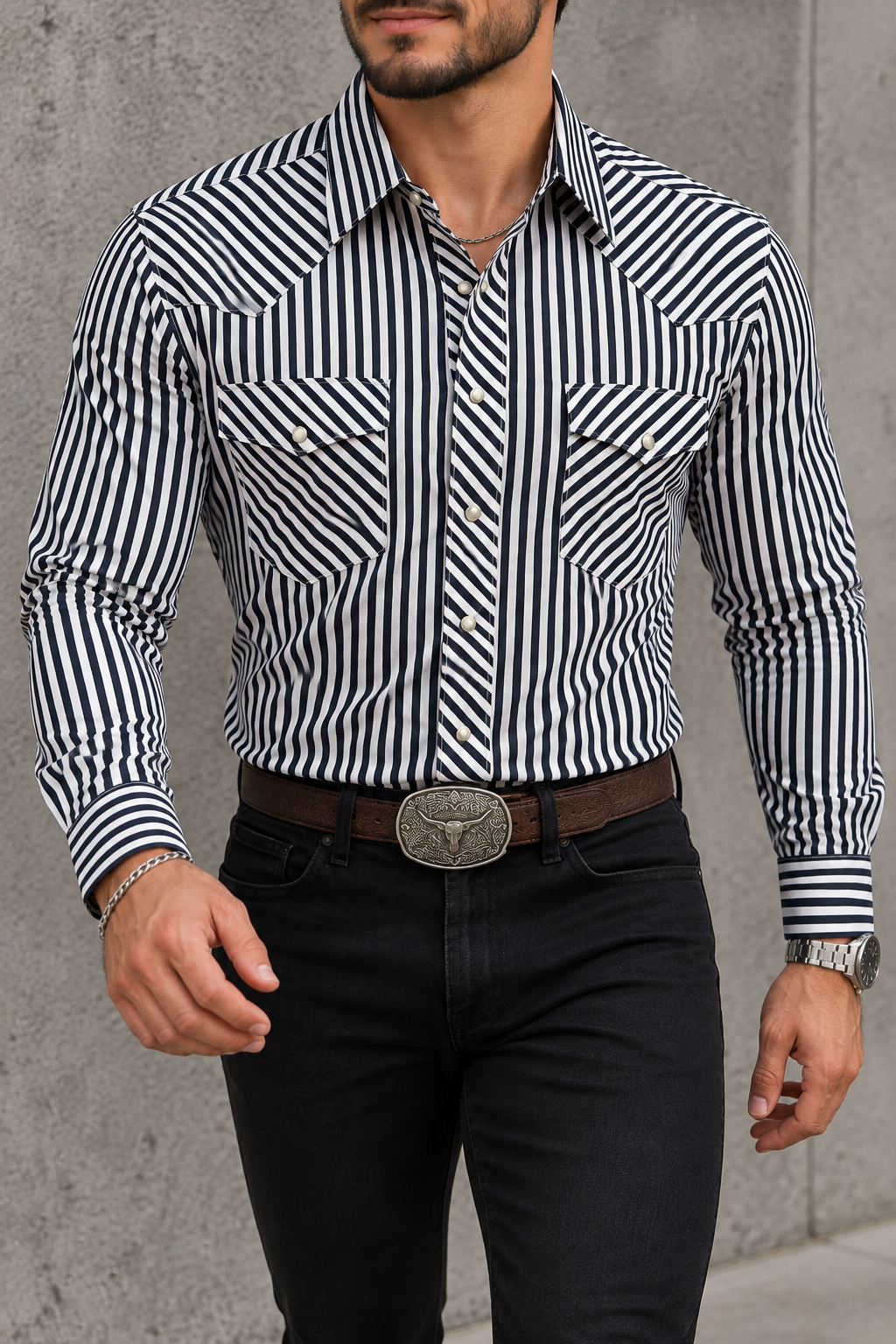 Camisa Vaquera Con Bolsas Blanca Rayas Azules