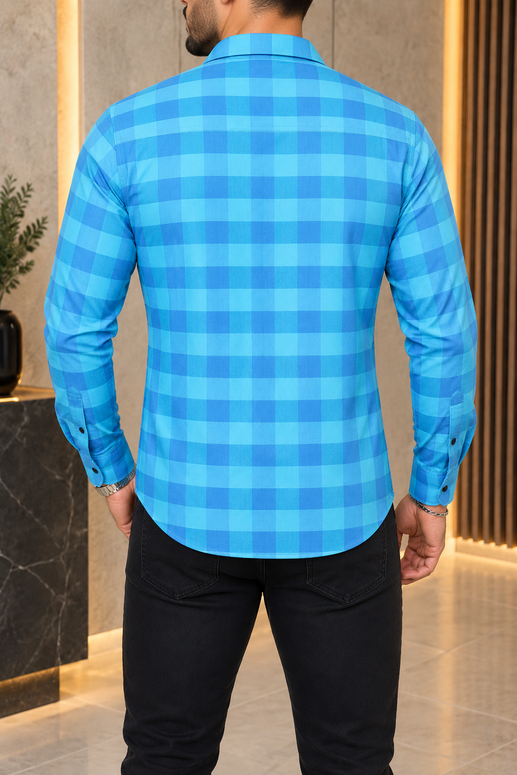 Camisa Manga Larga Cuadros Azules Dos Tonos