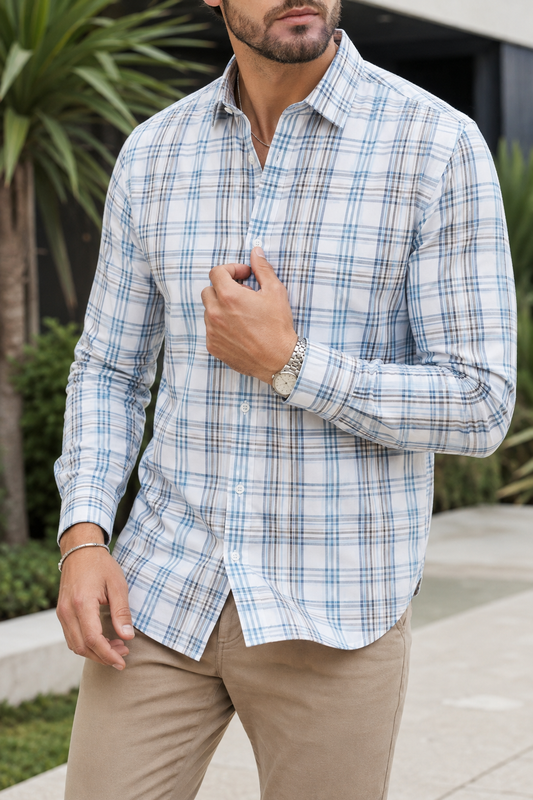 Camisa Manga Larga Blanca Rayas Azules y Negras