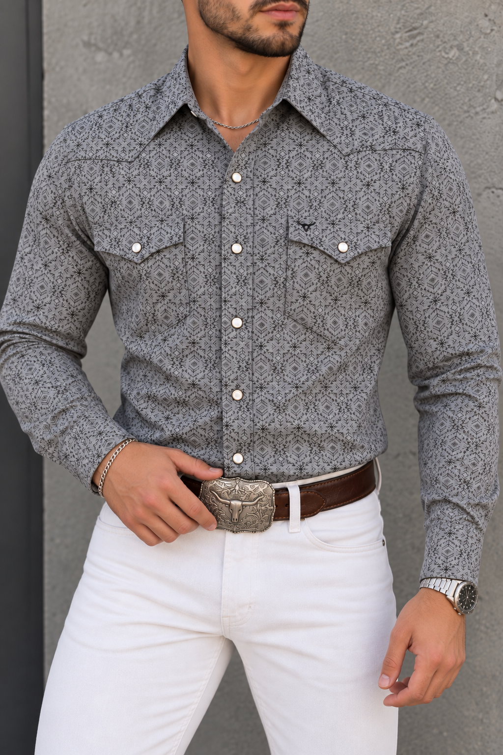 Camisa Vaquera Con Bolsas Gris Geometría Tribal