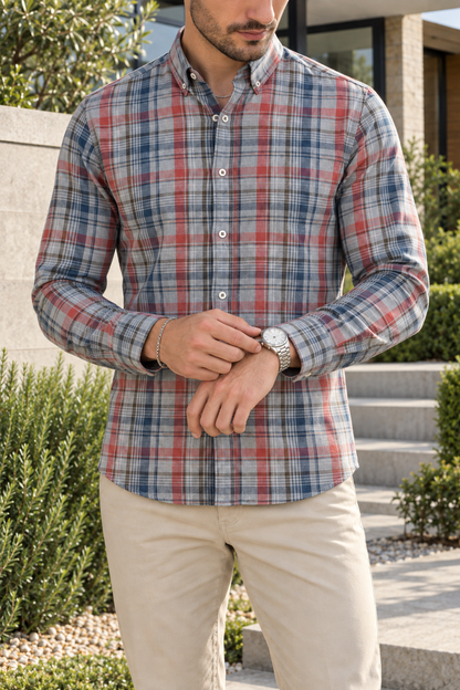 Camisa Manga Larga Gris Cuadros Rojos Y Azules