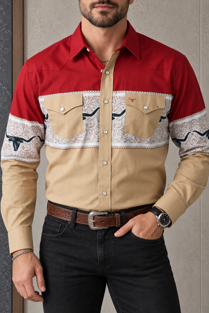 Camisa Vaquera Bicolor Rojo Y Beige