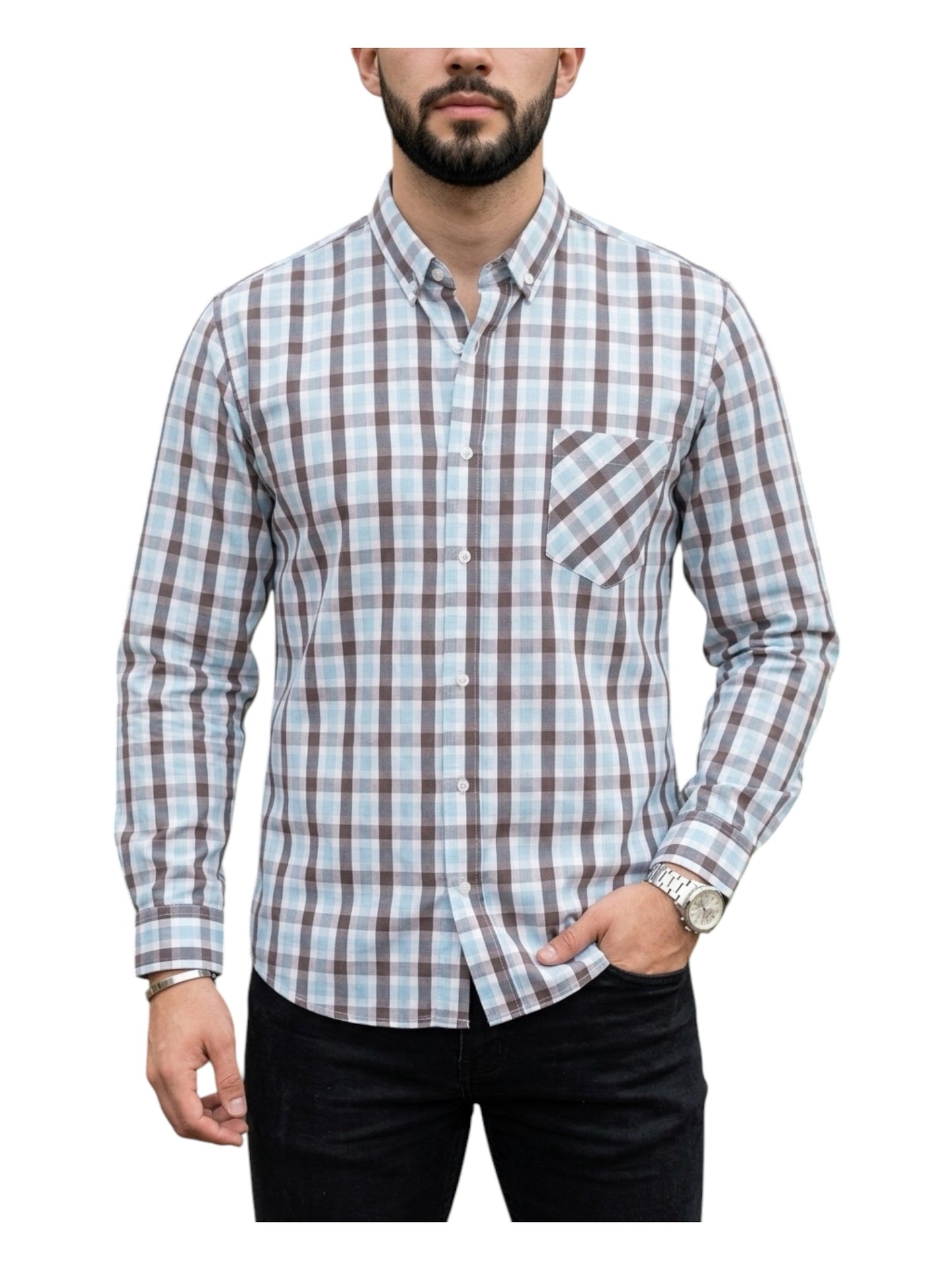 Camisa Manga Larga Con Bolsa Cuadros Azules y Grises