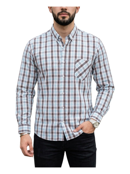 Camisa Manga Larga Con Bolsa Cuadros Azules y Grises