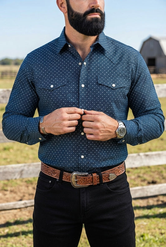 Camisa Vaquera Con Bolsas Azul Puntos Blancos