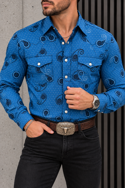 Camisa Vaquera Con Bolsas Azul Paisley Negro