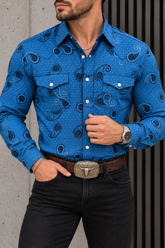 Camisa Vaquera Con Bolsas Azul Paisley Negro