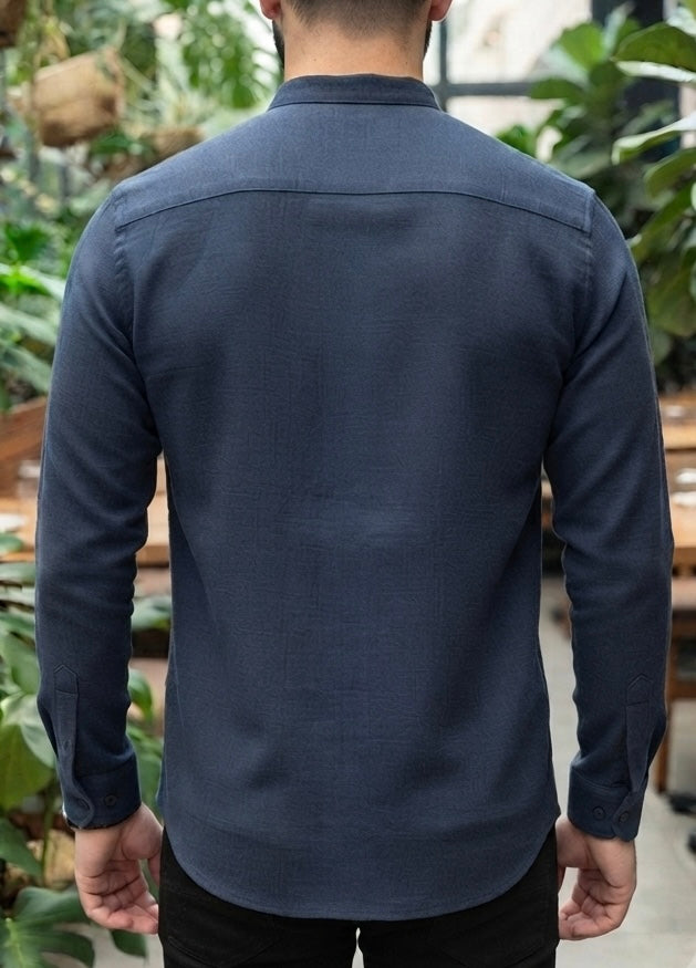 Camisa Manga Larga Cuello Mao Azul Marino