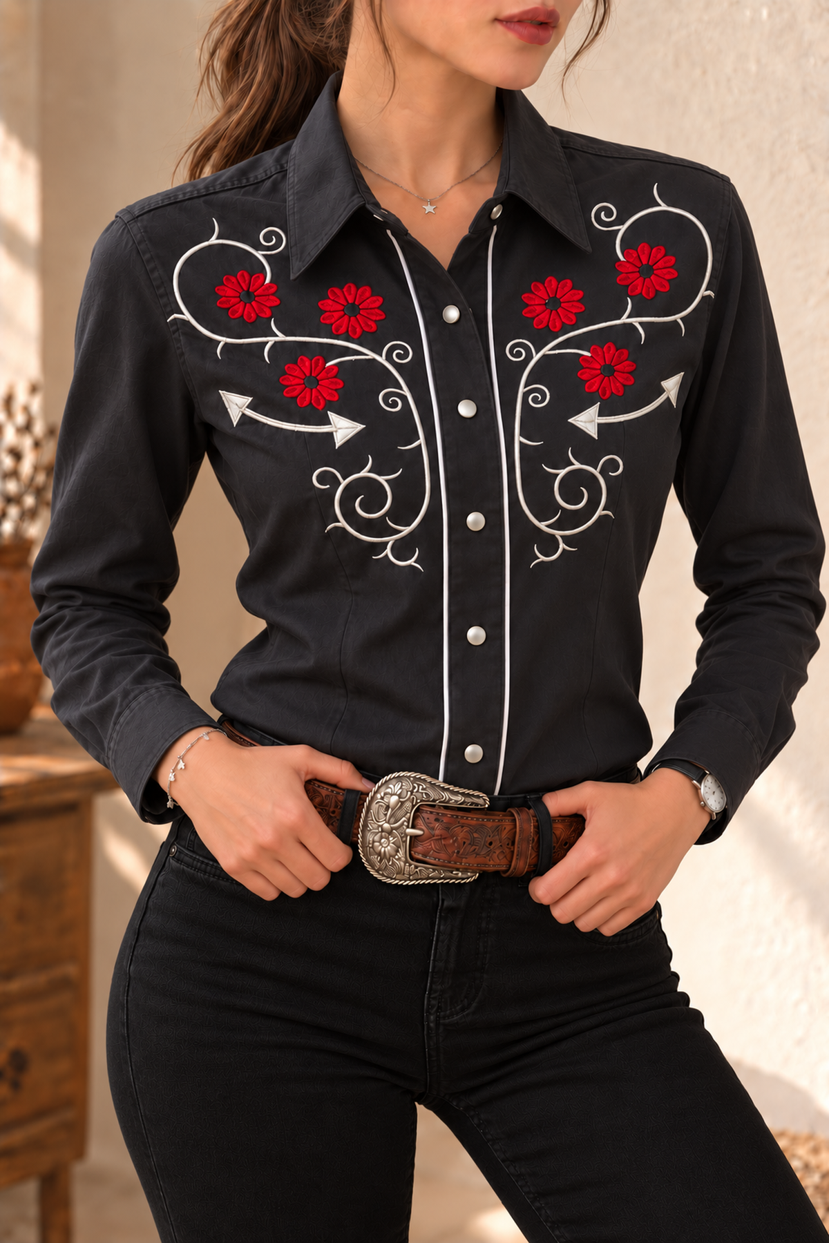 Camisa Vaquera De Dama Azul Marino Detalles Bordados Rojos