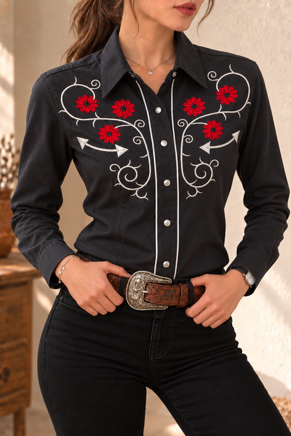 Camisa Vaquera De Dama Azul Marino Detalles Bordados Rojos