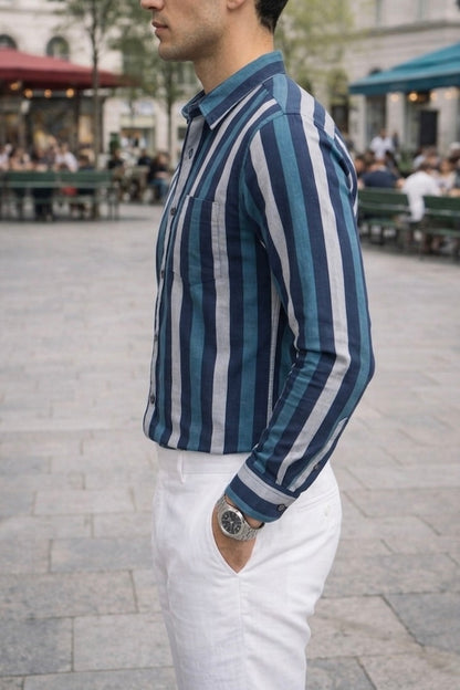 Camisa Cuello Mao Azul Rayas Blancas y Azules