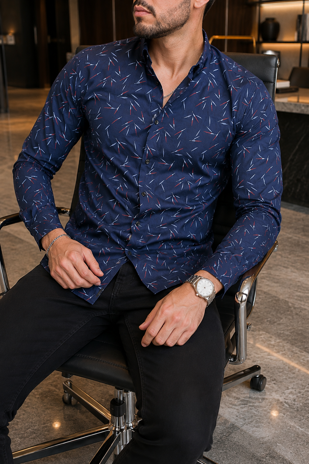 Camisa Manga Larga Azul Detalles Blancos Y Rojos