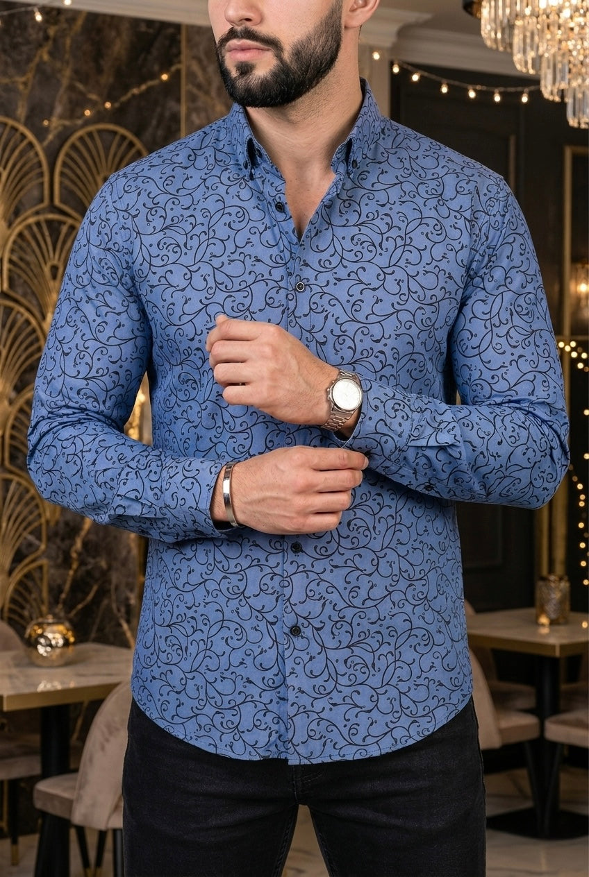 Camisa Manga Larga Azul Enredadera Negra