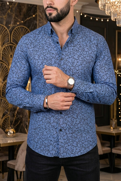 Camisa Manga Larga Azul Enredadera Negra