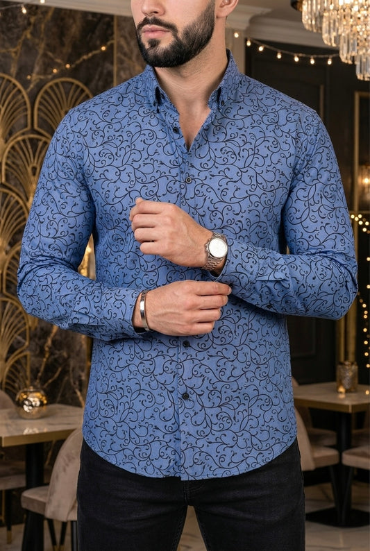 Camisa Manga Larga Azul Enredadera Negra