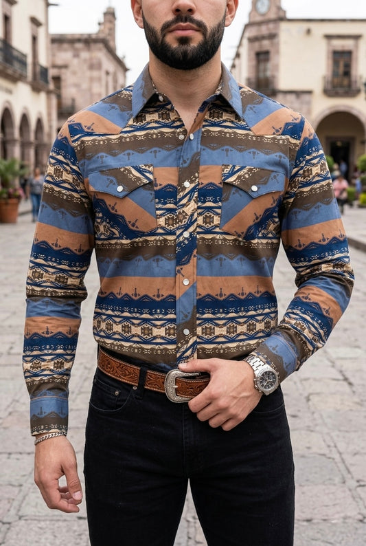Camisa Vaquera Con Bolsas Líneas Azules, Naranjas y Beige