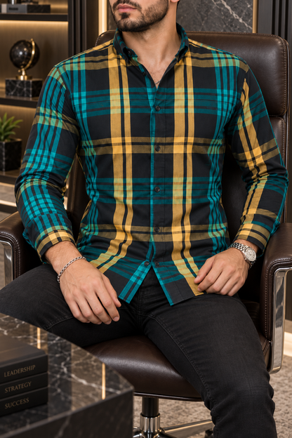 Camisa Manga Larga Cuadro Grande Y Rayas Amarillas, Azules