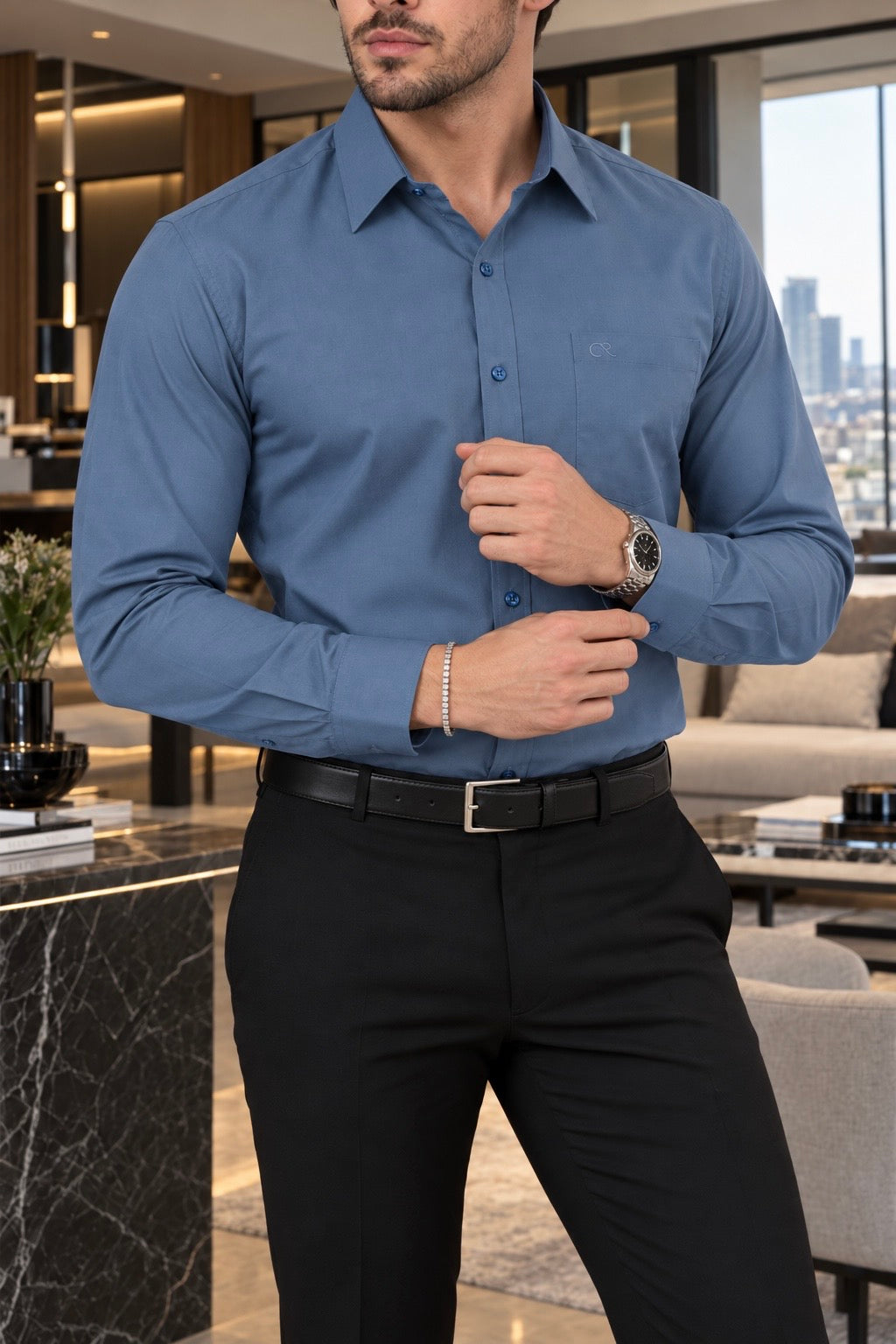 Camisa De Vestir Lisa Azul Acero