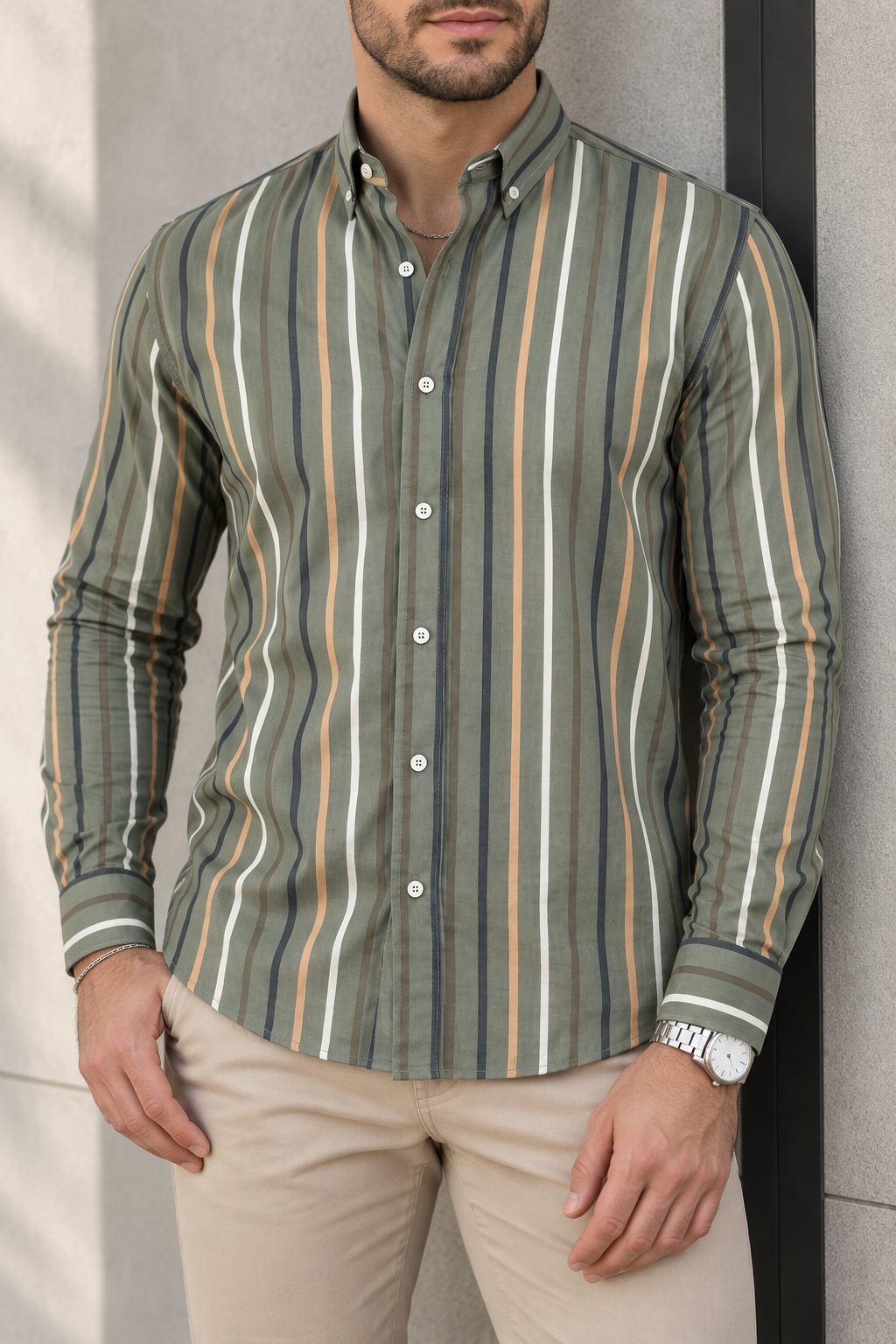 Camisa Manga Larga Verde Rayas Blancas Azules Y Beige