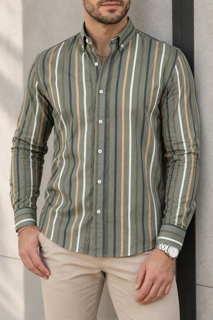 Camisa Manga Larga Verde Rayas Blancas Azules Y Beige