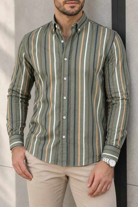 Camisa Manga Larga Verde Rayas Blancas Azules Y Beige