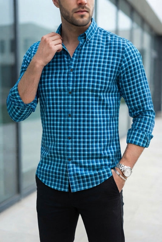 Camisa Manga Larga Cuadros Azules