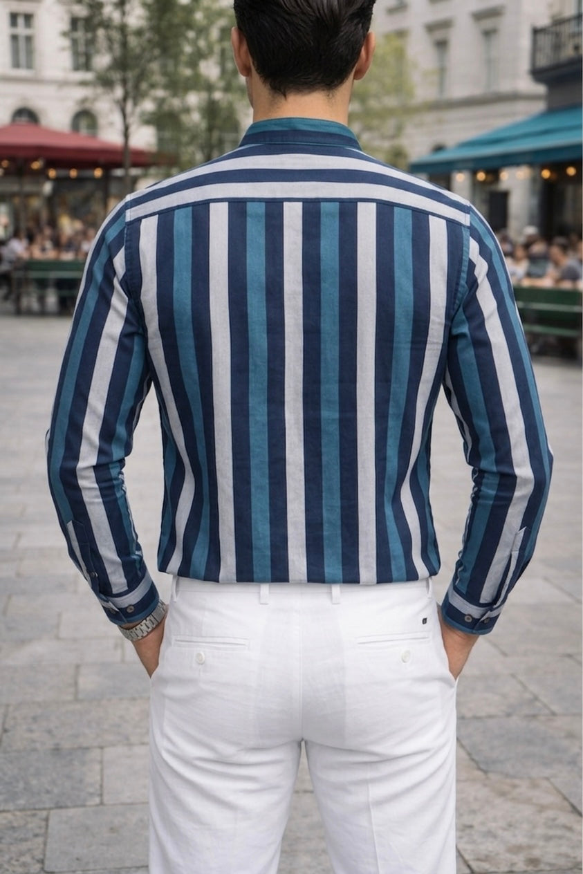Camisa Cuello Mao Azul Rayas Blancas y Azules
