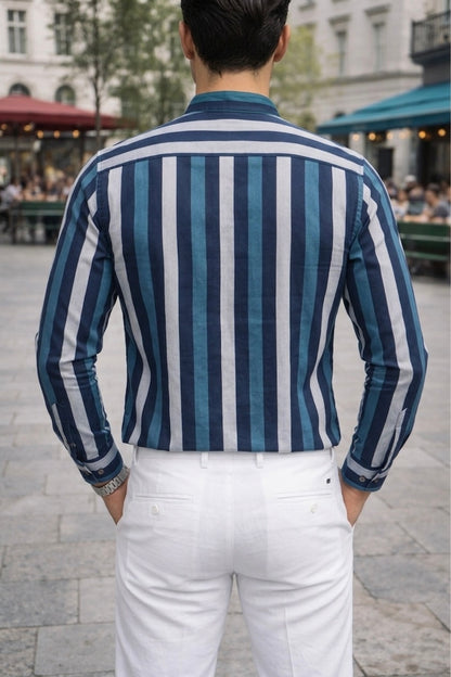 Camisa Cuello Mao Azul Rayas Blancas y Azules