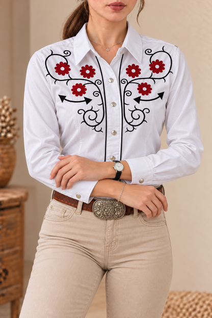 Camisa Vaquera De Dama Blanca Detalles Bordados Rojos