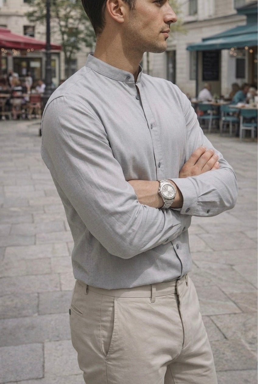 Camisa Cuello Mao Gris Lisa