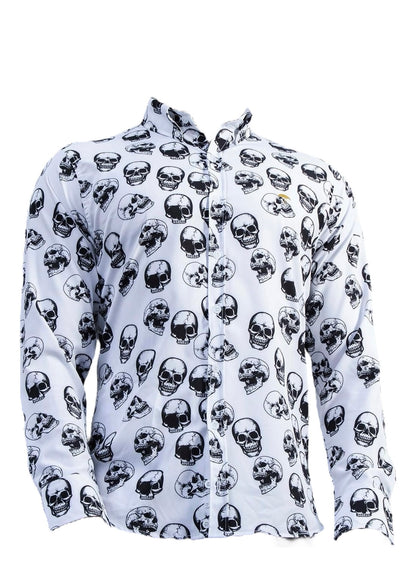 CAMISA HOMBRE CASUAL SLIM FIT BLANCA CALAVERAS NEGRAS