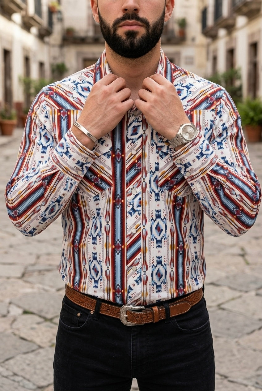 Camisa Vaquera Con Bolsas Blanca, Detalles Rojos y Naranjas