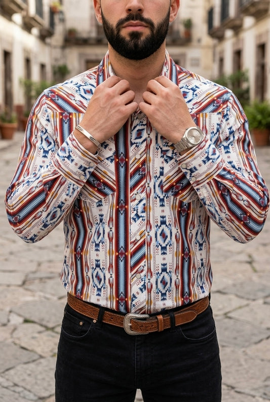 Camisa Vaquera Con Bolsas Blanca, Detalles Rojos y Naranjas