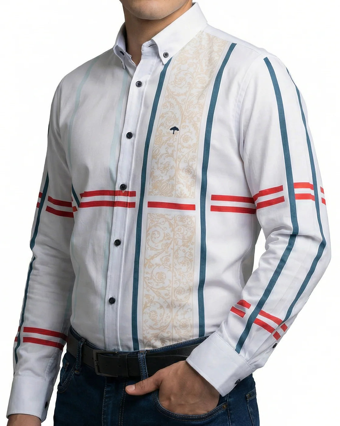 Camisa Hombre Casual Blanca Franjas Flores Azul, Rojas