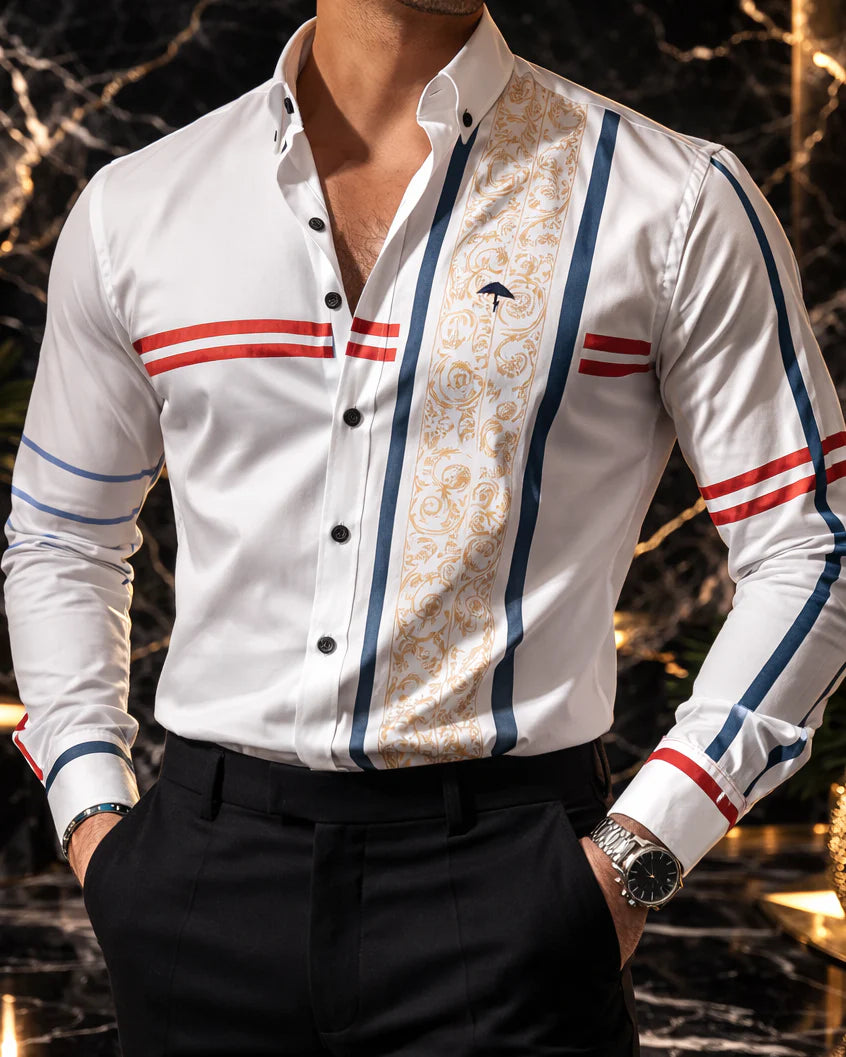 Camisa Hombre Casual Blanca Franjas Flores Azul, Rojas