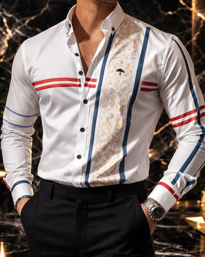 Camisa Hombre Casual Blanca Franjas Flores Azul, Rojas