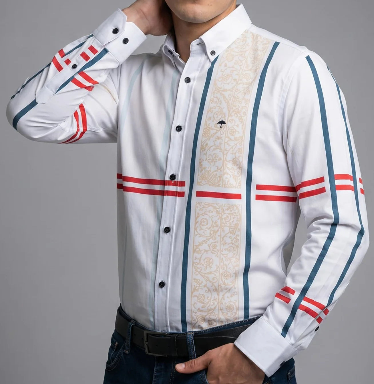 Camisa Hombre Casual Blanca Franjas Flores Azul, Rojas