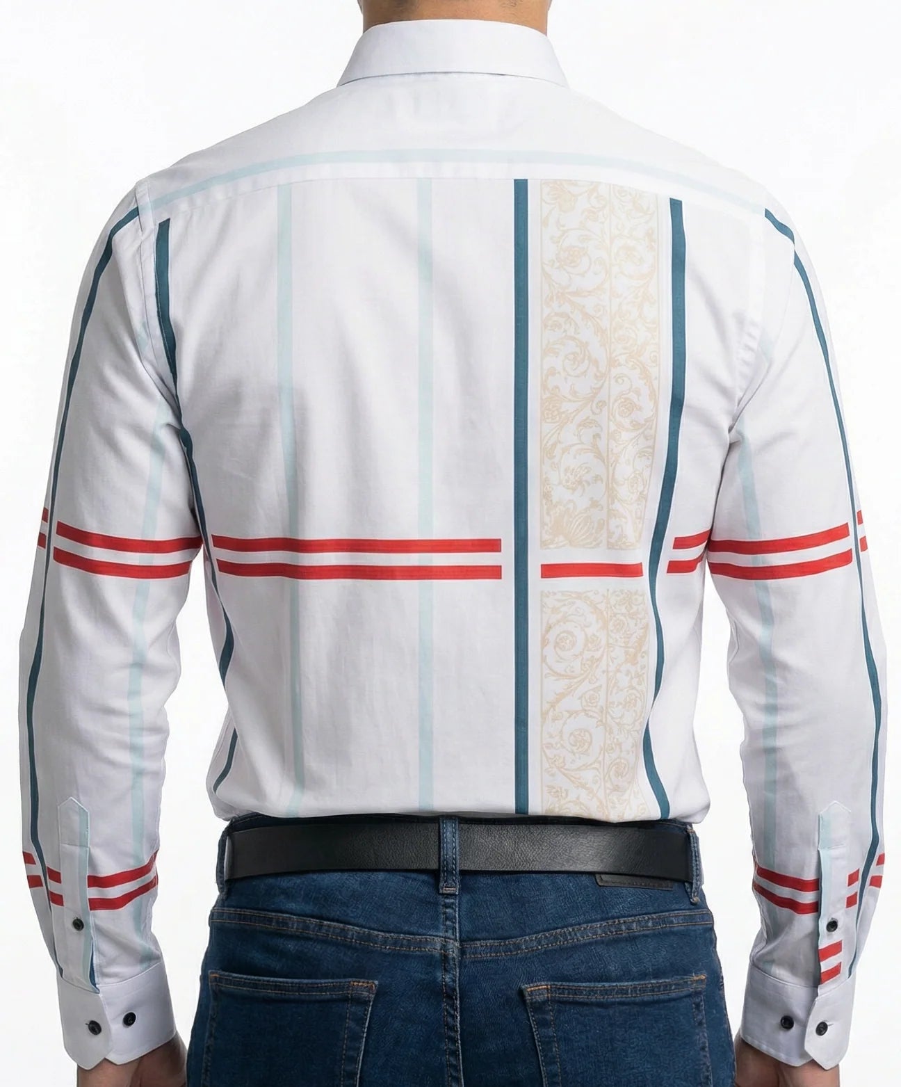 Camisa Hombre Casual Blanca Franjas Flores Azul, Rojas