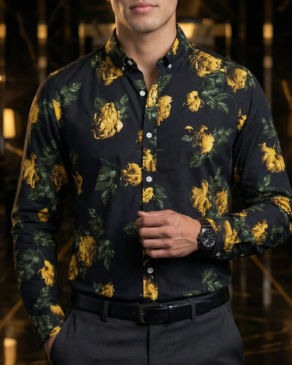 Camisa Hombre Casual Negra Rosas Doradas